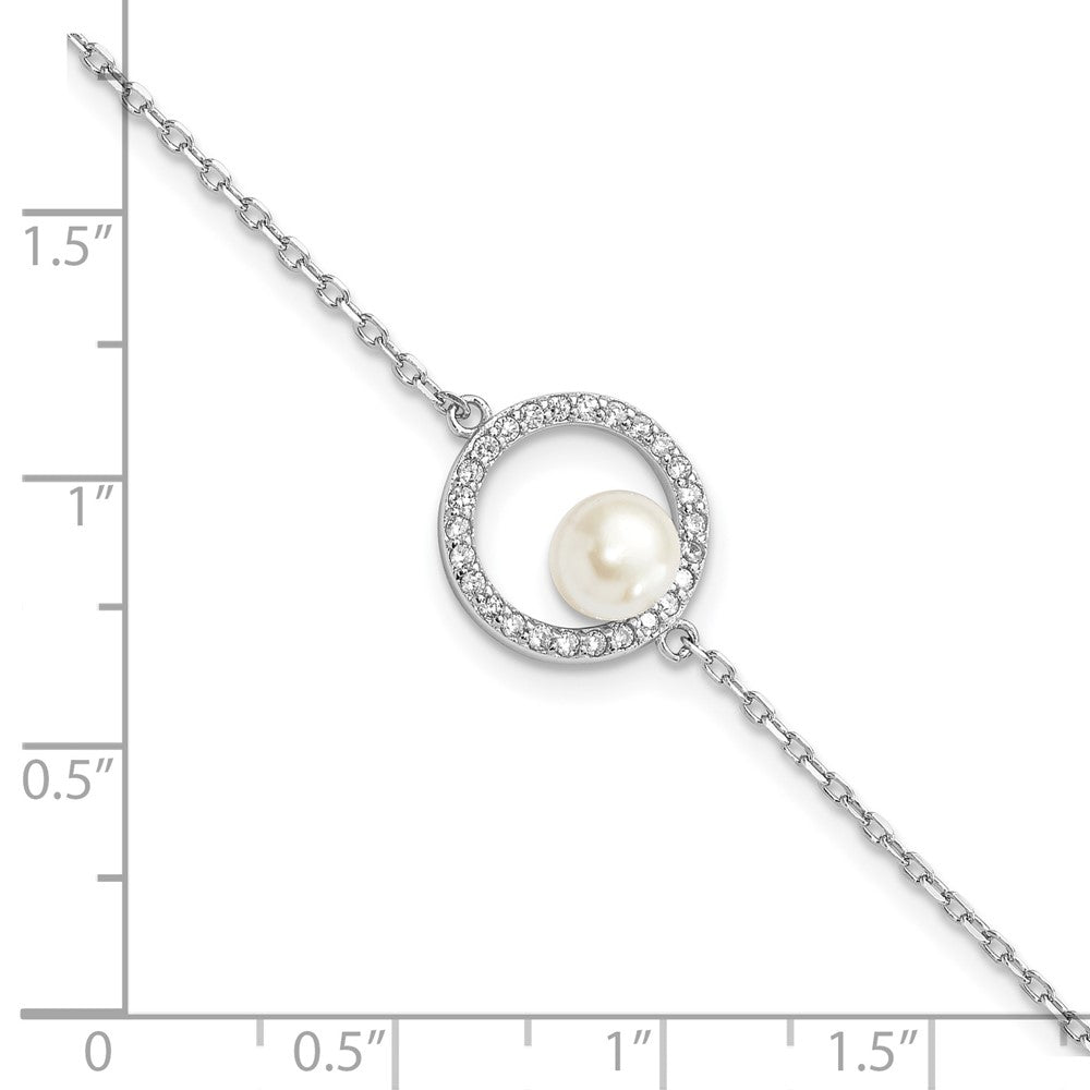 Sterling Silver Rhodium-plated 6-7mm White Button Freshwater Cultured Pearl and CZ 6.5 inch  with 1.25 inch Extension Bracelet QH5652-6.5
