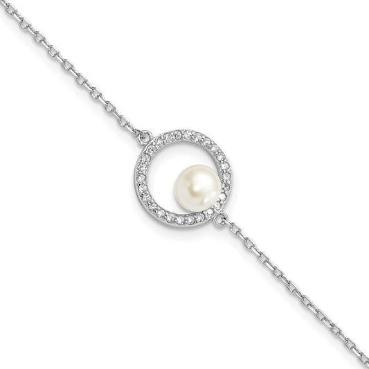 Sterling Silver Rhodium-plated 6-7mm White Button Freshwater Cultured Pearl and CZ 6.5 inch  with 1.25 inch Extension Bracelet QH5652-6.5