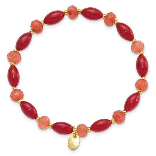 Sterling Silver Gold-plated Coral and Jade Beaded Stretch Bracelet QH5685