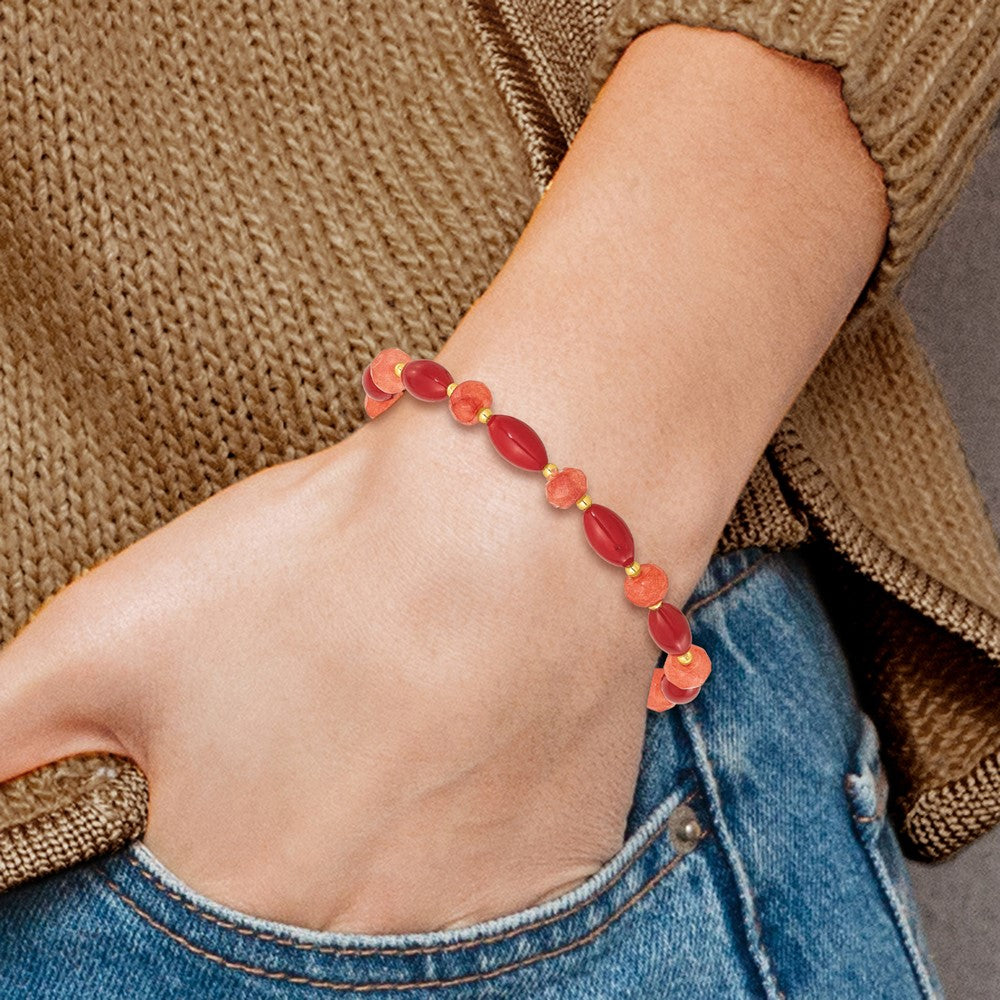 Sterling Silver Gold-plated Coral and Jade Beaded Stretch Bracelet QH5685