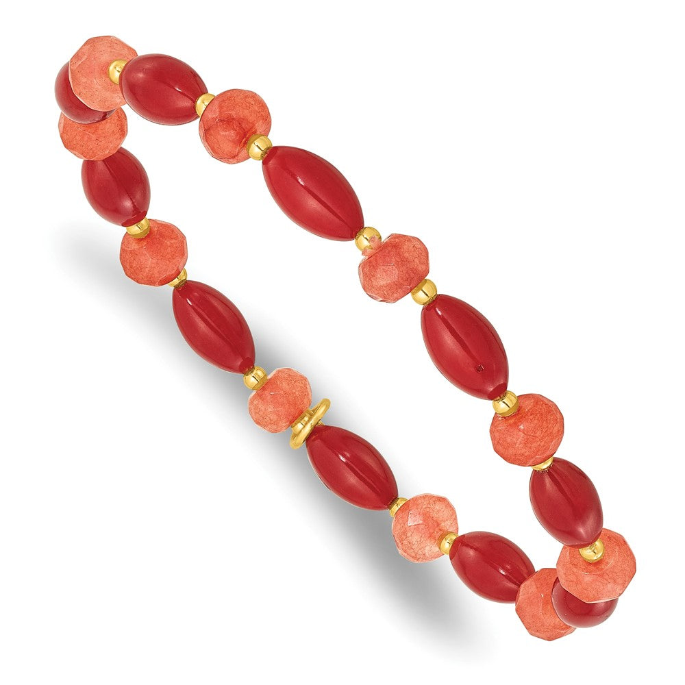 Sterling Silver Gold-plated Coral and Jade Beaded Stretch Bracelet QH5685