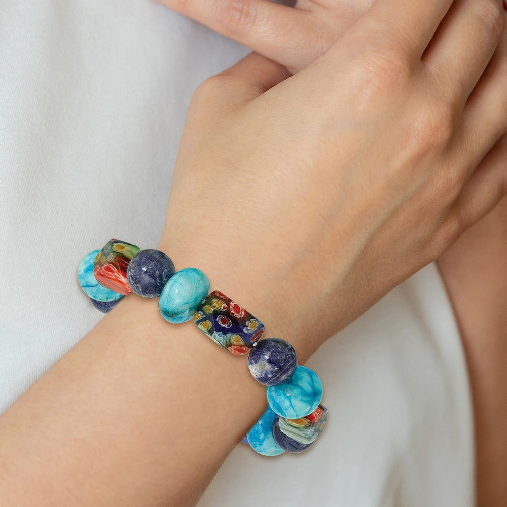 Agate, Lapis and Kangsai Glass Beaded Stretch Bracelet QH5745