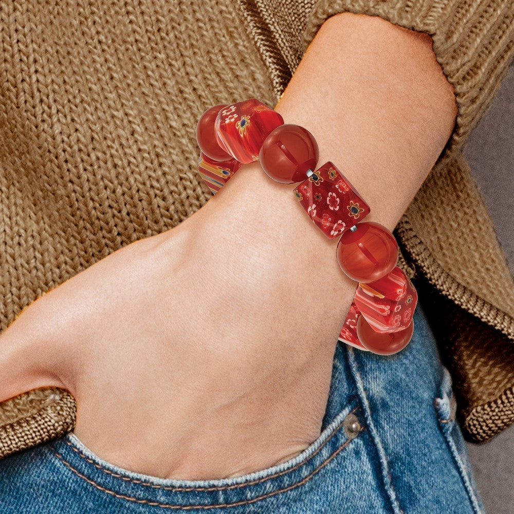 Carnelian and Kangsai Glass Beaded Stretch Bracelet QH5747