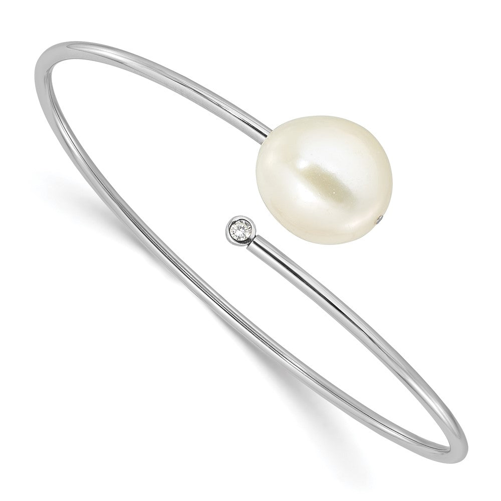Sterling Silver Rhodium-plated 13-14mm White Freshwater Cultured Pearl and CZ Flexible Bangle QH5764