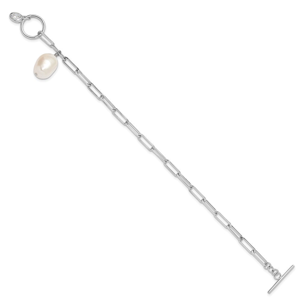 Sterling Silver Rhod-plated Paperclip CZ/FWC Pearl Toggle Bracelet QH5768-7.5