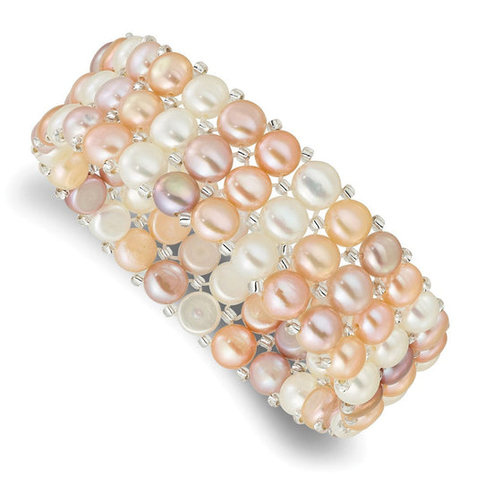 6-7mm Button White/Pink/Peach Freshwater Cultured Pearl and Glass Beaded 3-row Stretch Bracelet QH5837