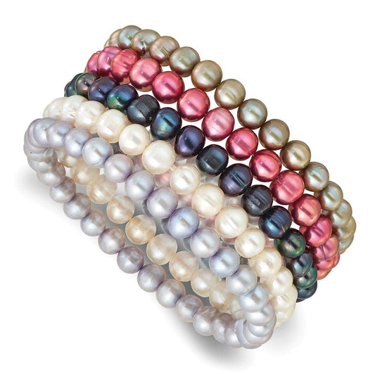 7-8mm Semi-Round Grey/White/Black/Red/Green Freshwater Cultured Pearl Stretch 5-Bracelet Set QH5838