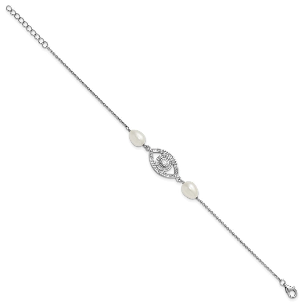 Sterling Silver Rhodium-plated 6-8mm Teardrop White Freshwater Cultured Pearl and CZ Evil Eye 7 inch with 1 inch Extender Bracelet QH5842-7