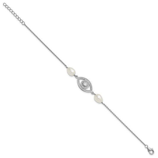 Sterling Silver Rhodium-plated 6-8mm Teardrop White Freshwater Cultured Pearl and CZ Evil Eye 7 inch with 1 inch Extender Bracelet QH5842-7