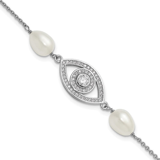 Sterling Silver Rhodium-plated 6-8mm Teardrop White Freshwater Cultured Pearl and CZ Evil Eye 7 inch with 1 inch Extender Bracelet QH5842-7