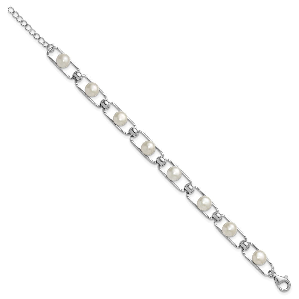 Sterling Silver Rhodium-plated 6-7mm Button White Freshwater Cultured Pearl 6.5 inch with 1 inch Extender Bracelet QH5843-6.5