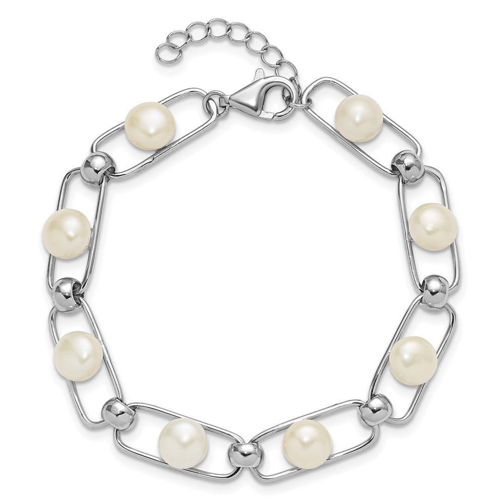 Sterling Silver Rhodium-plated 6-7mm Button White Freshwater Cultured Pearl 6.5 inch with 1 inch Extender Bracelet QH5843-6.5