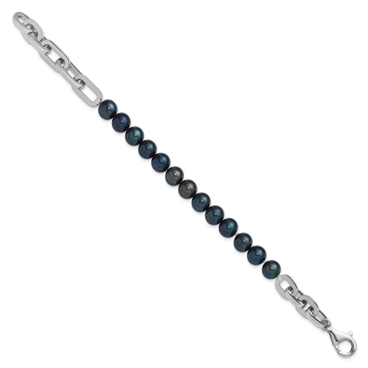 Sterling Silver Rhodium-plated 7-8mm Round Black Freshwater Cultured Pearl and Link 8 inch Bracelet QH5845-8