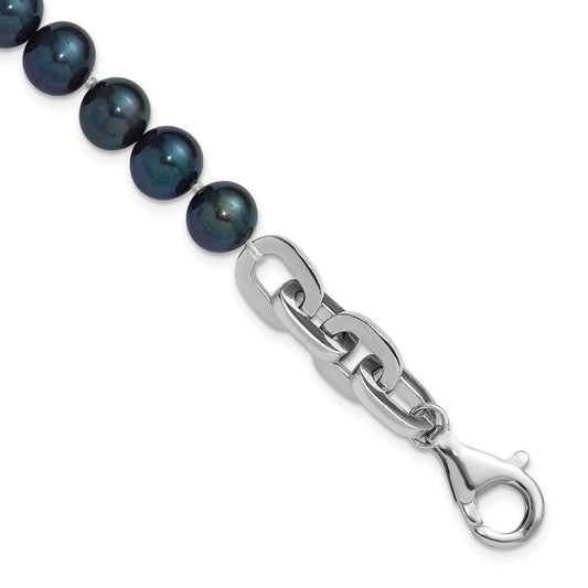 Sterling Silver Rhodium-plated 7-8mm Round Black Freshwater Cultured Pearl and Link 8 inch Bracelet QH5845-8