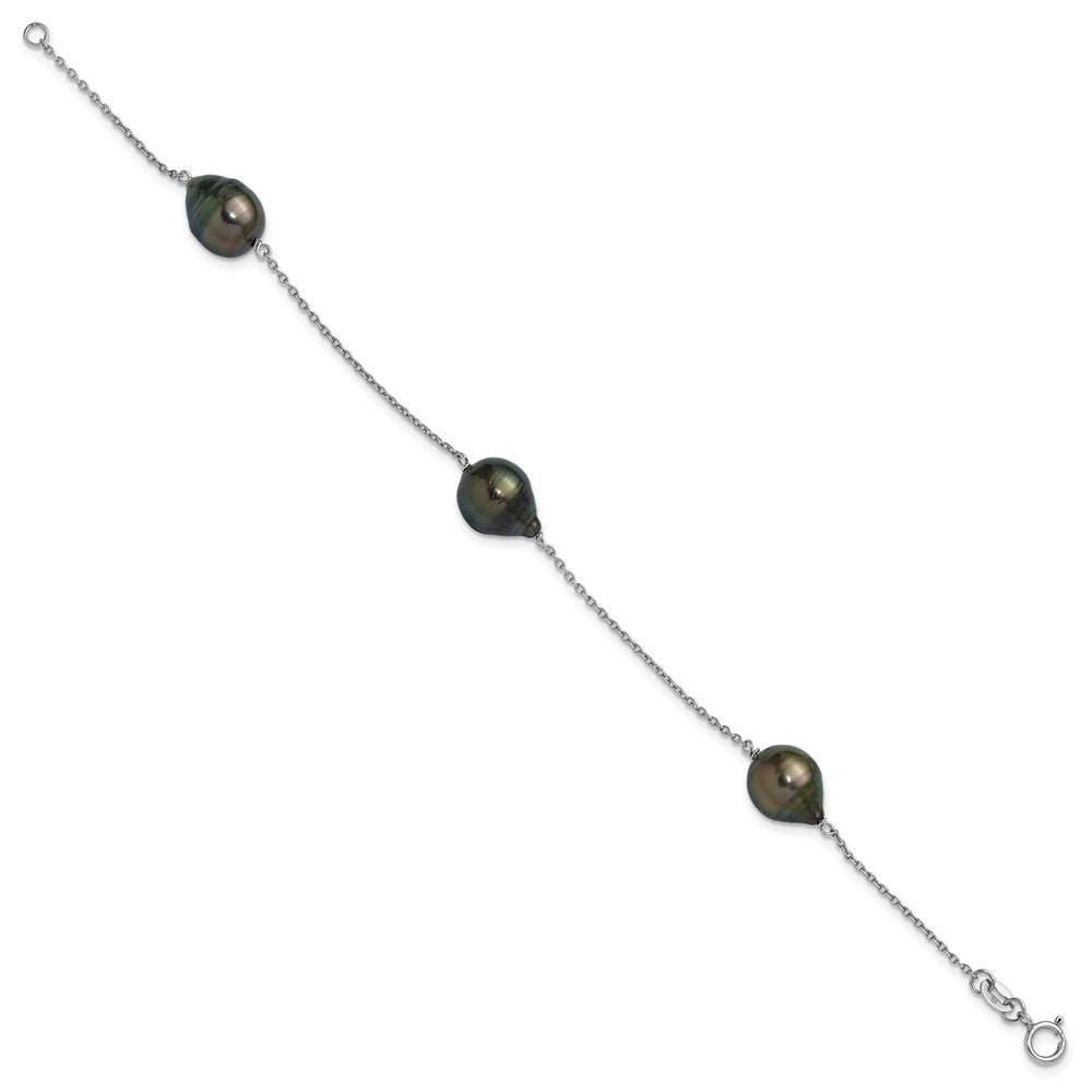 Sterling Silver Rhodium-plated 9-10mm Baroque Black Tahitian Saltwater Cultured Pearl 3-Station 7.5 inch Bracelet QH5847-7.5