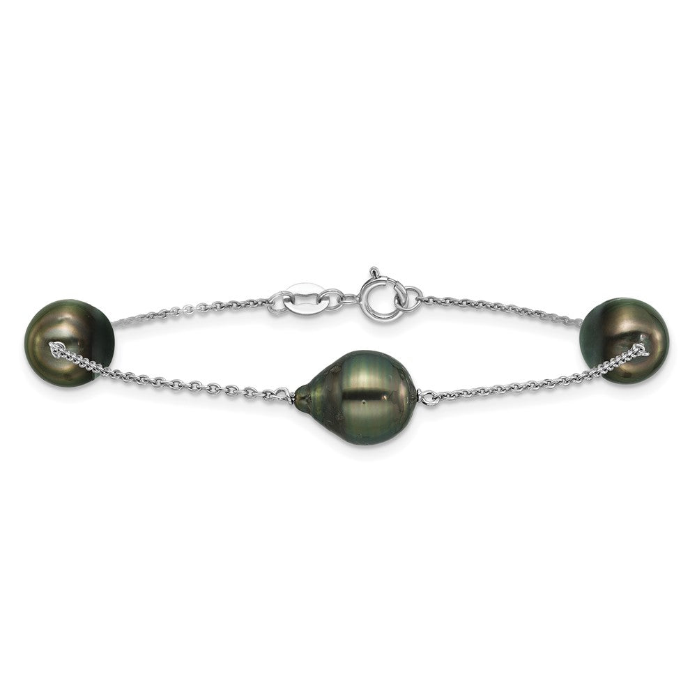Sterling Silver Rhodium-plated 9-10mm Baroque Black Tahitian Saltwater Cultured Pearl 3-Station 7.5 inch Bracelet QH5847-7.5