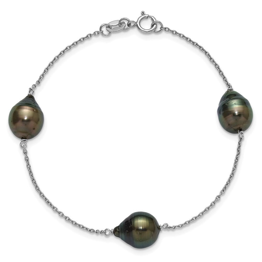 Sterling Silver Rhodium-plated 9-10mm Baroque Black Tahitian Saltwater Cultured Pearl 3-Station 7.5 inch Bracelet QH5847-7.5