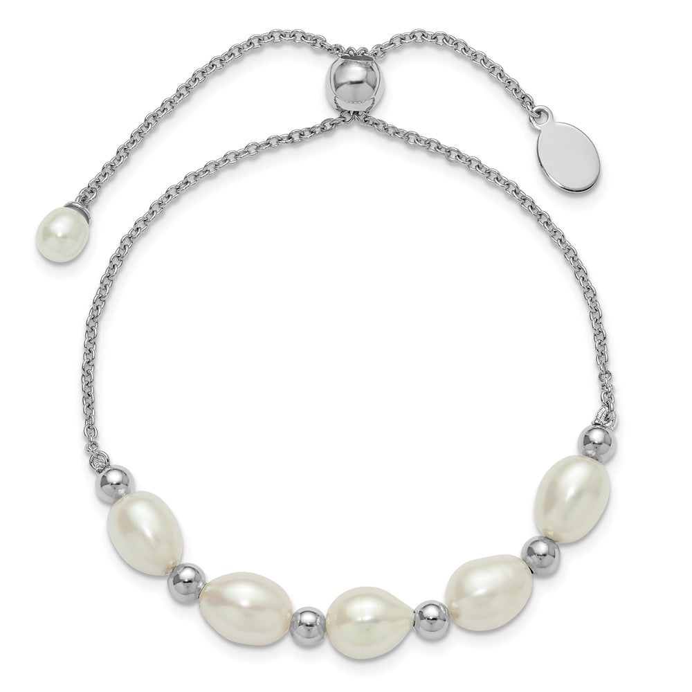 Sterling Silver Rhodium-plated Polished and Beaded 7-8mm Freshwater Cultured Rice Pearl Adjustable Bolo Bracelet QH5849