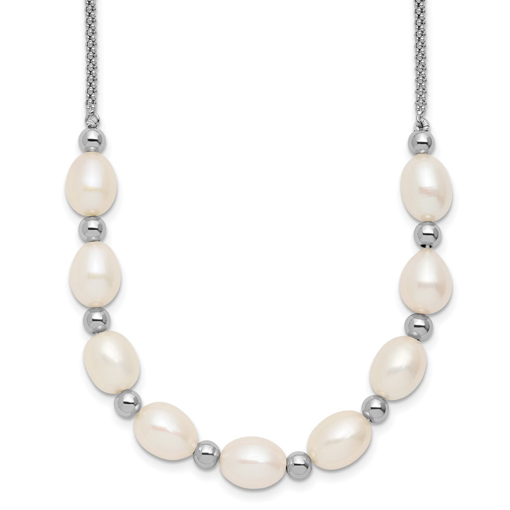 Sterling Silver Rhodium-plated Polished and Beaded 7-8mm Freshwater Cultured Rice Pearl 16 Inch with 2 Inch Extension Necklace QH5849-16