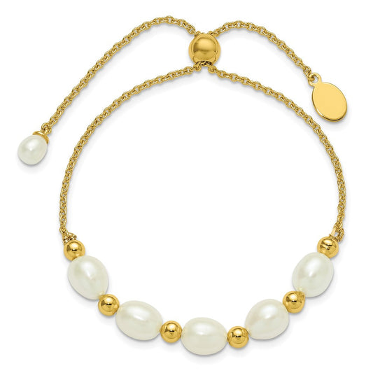 Sterling Silver Gold-tone Polished and Beaded 7-8mm Freshwater Cultured Rice Pearl Adjustable Bolo Bracelet QH5850