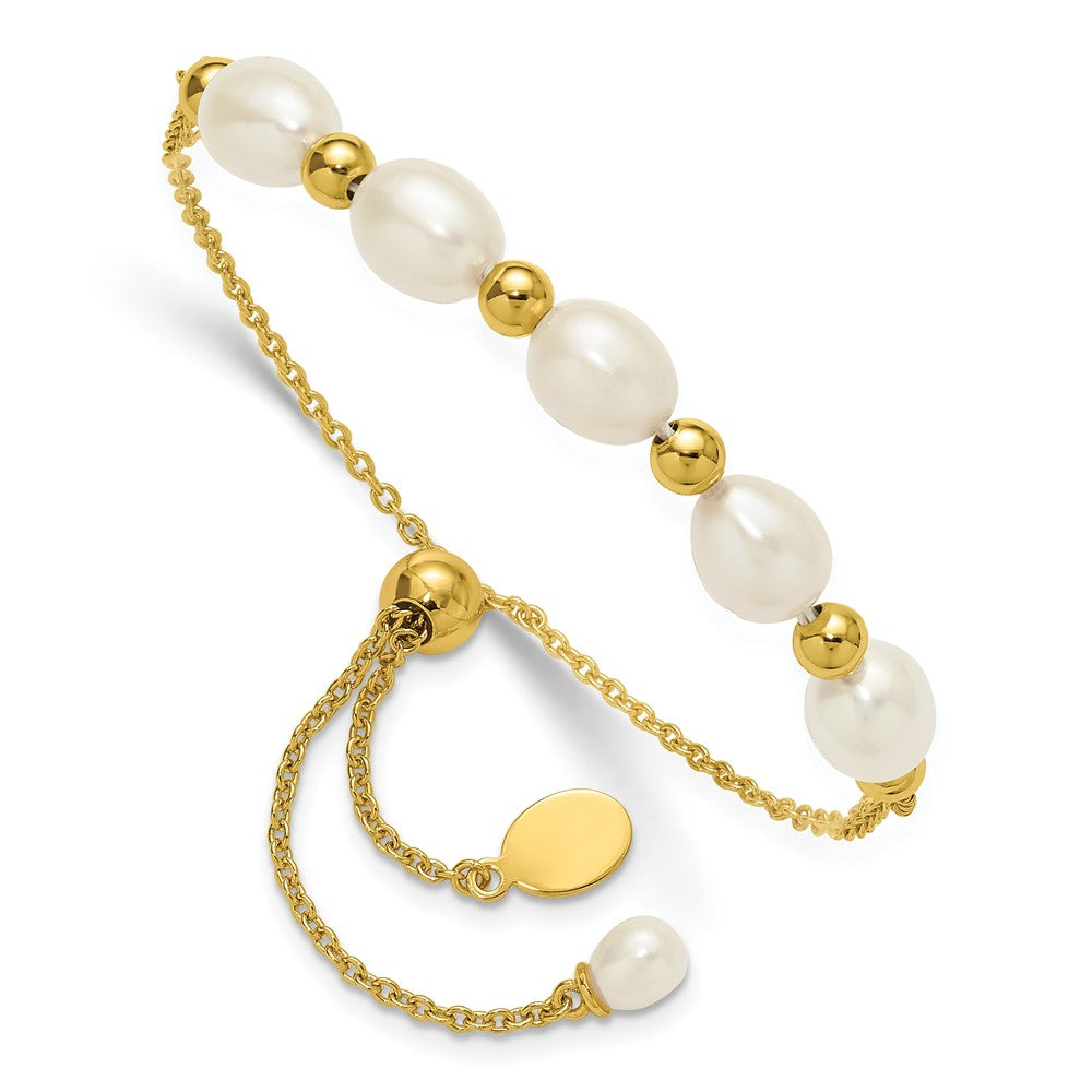 Sterling Silver Gold-tone Polished and Beaded 7-8mm Freshwater Cultured Rice Pearl Adjustable Bolo Bracelet QH5850