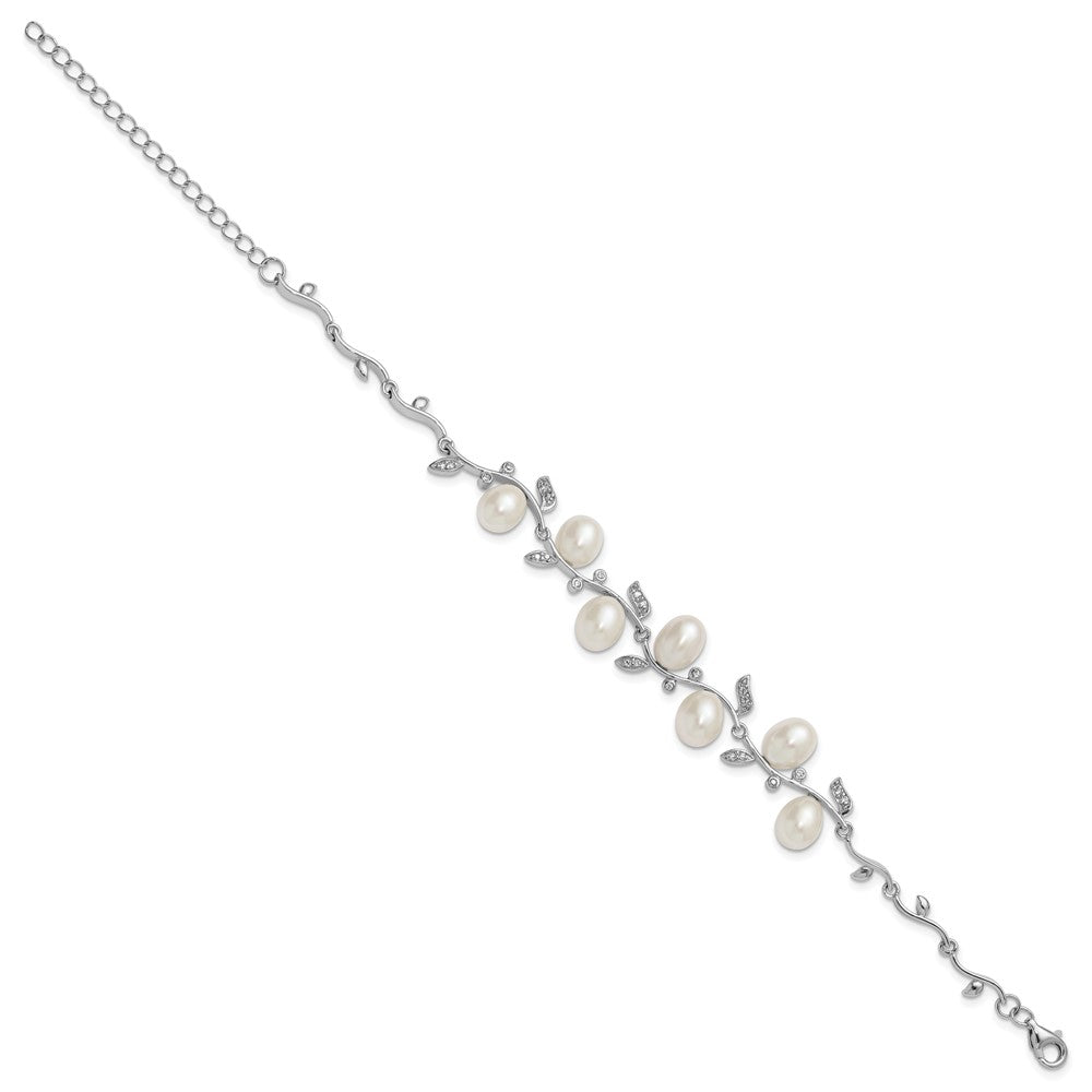 Sterling Silver Rhodium-plated 6-8mm Teardrop White Freshwater Cultured Pearl and CZ Leaf 7 inch with 1 inch Extender Bracelet QH5851-7
