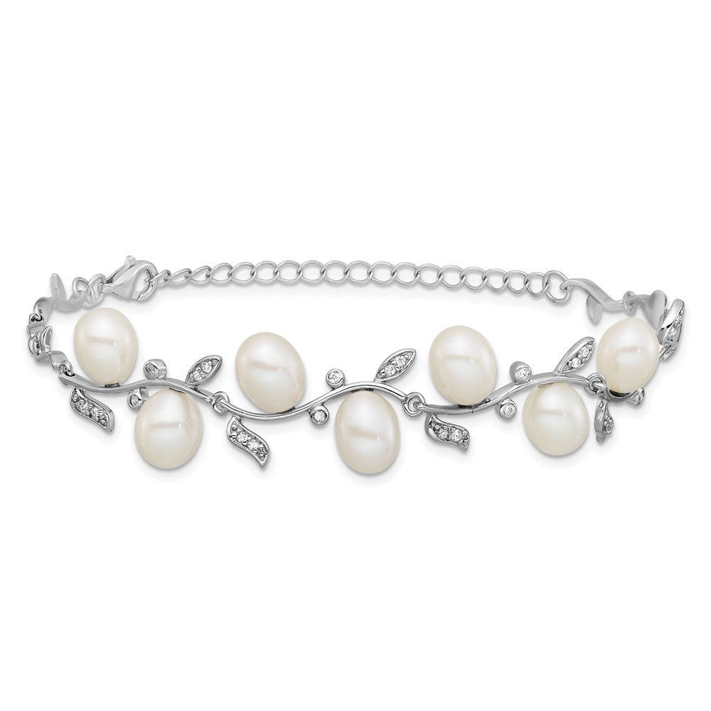 Sterling Silver Rhodium-plated 6-8mm Teardrop White Freshwater Cultured Pearl and CZ Leaf 7 inch with 1 inch Extender Bracelet QH5851-7