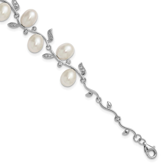 Sterling Silver Rhodium-plated 6-8mm Teardrop White Freshwater Cultured Pearl and CZ Leaf 7 inch with 1 inch Extender Bracelet QH5851-7