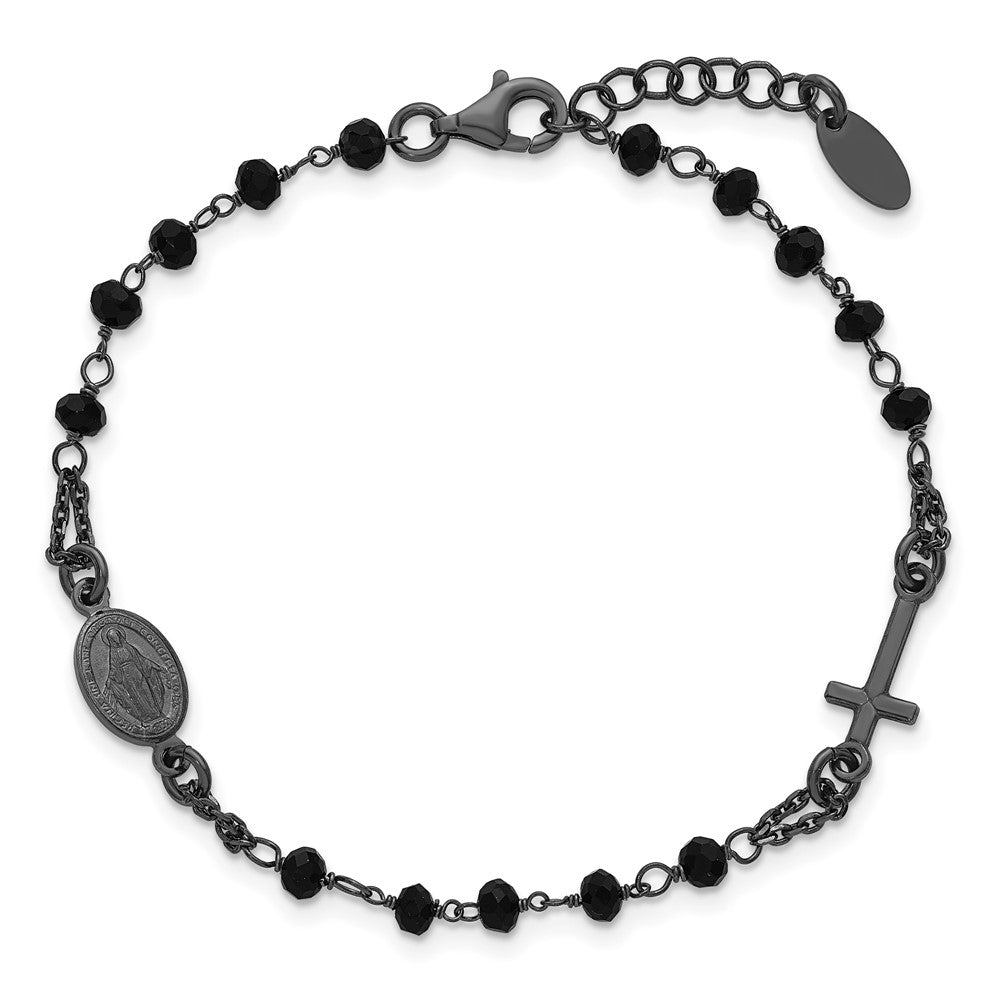 Sterling Silver Black Rhodium-plated Crystal 7 inch with 0.75 inch extender Rosary Themed Bracelet QH5883-7