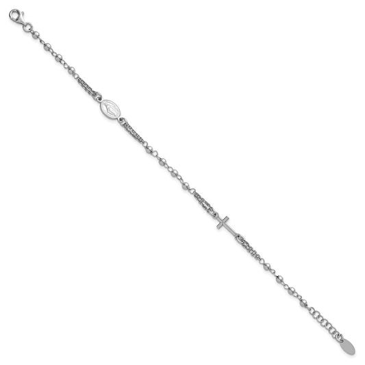 Sterling Silver Rhodium-plated 7.25 inch with 0.5 inch extender Rosary Themed Bracelet QH5884-7.25
