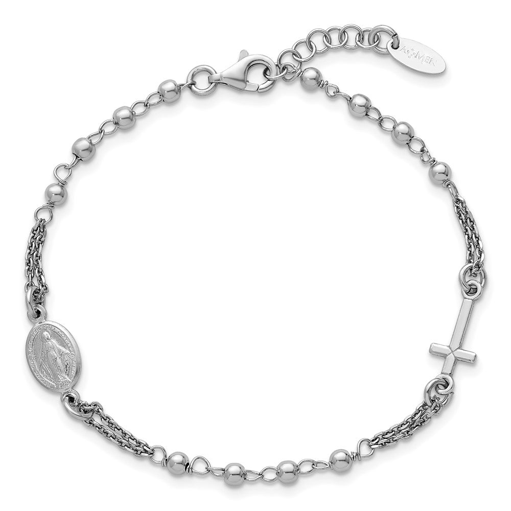 Sterling Silver Rhodium-plated 7.25 inch with 0.5 inch extender Rosary Themed Bracelet QH5884-7.25