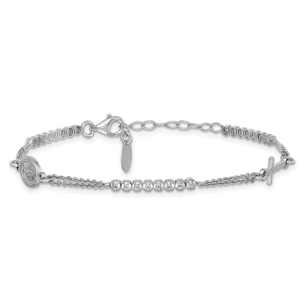 Sterling Silver Rhodium-plated Polished CZ 6.75 inch with 1.25 inch extender Rosary Bracelet QH5885-6.75