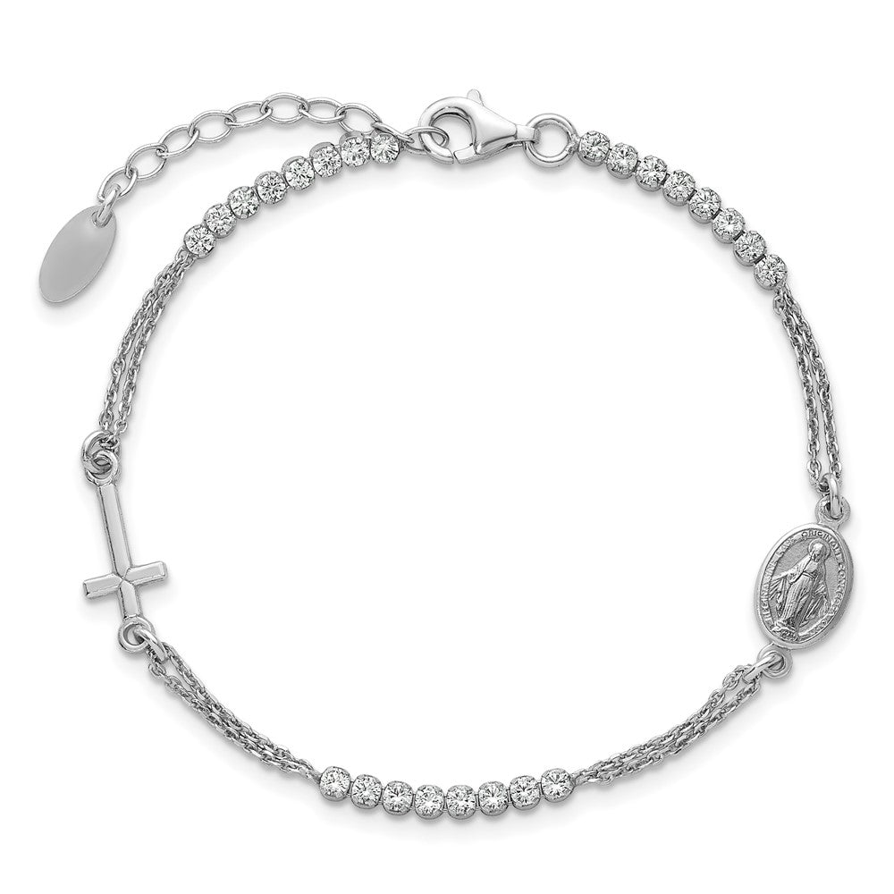 Sterling Silver Rhodium-plated Polished CZ 6.75 inch with 1.25 inch extender Rosary Bracelet QH5885-6.75