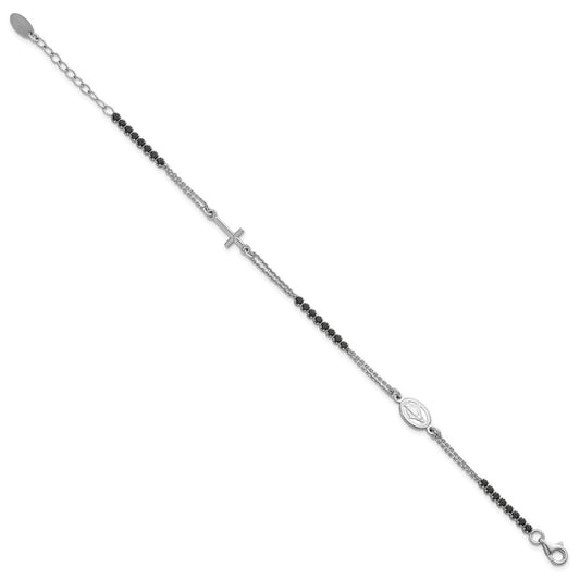 Sterling Silver Rhodium-plated Polished Black CZ 6.75 inch with 1.25 inch extender Rosary Bracelet QH5886-6.75