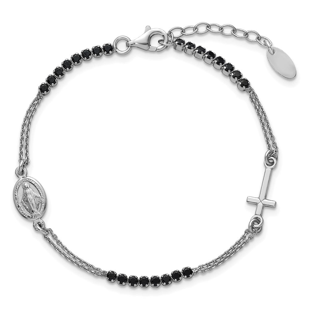 Sterling Silver Rhodium-plated Polished Black CZ 6.75 inch with 1.25 inch extender Rosary Bracelet QH5886-6.75