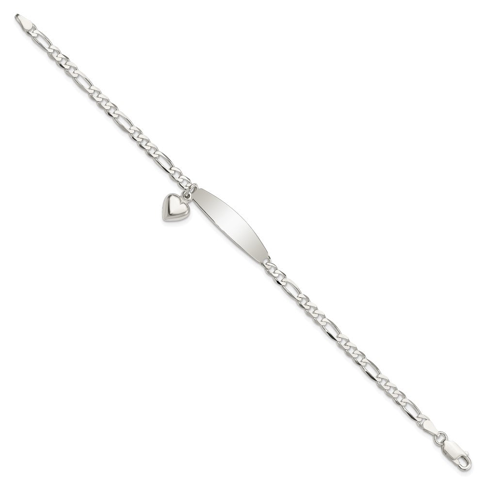 Sterling Silver Polished Figaro ID Heart Dangle Bracelet QID210-7.5