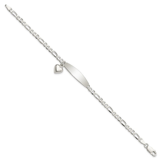 Sterling Silver Polished Figaro ID Heart Dangle Bracelet QID210-7.5