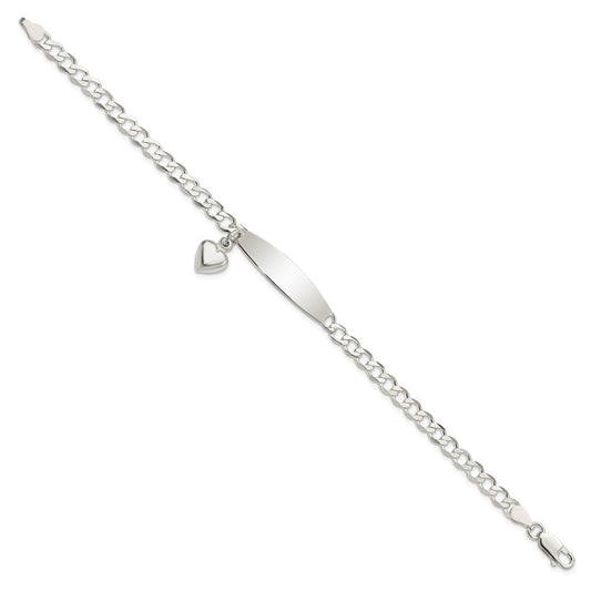 Sterling Silver Polished Curb Link ID Heart Dangle Bracelet QID212-7.5