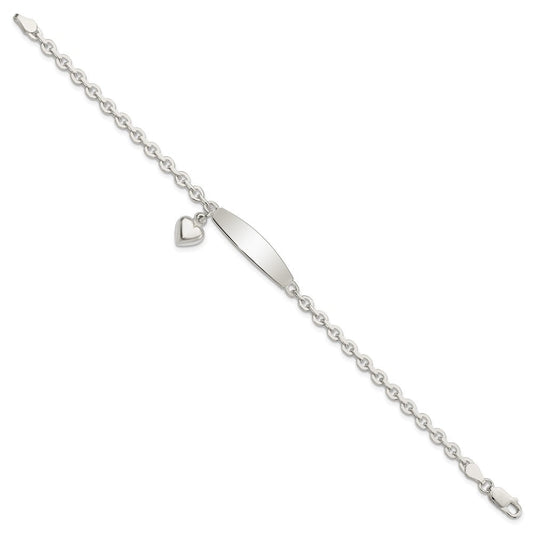 Sterling Silver Polished Rolo Link ID Heart Dangle Bracelet QID213-7.5
