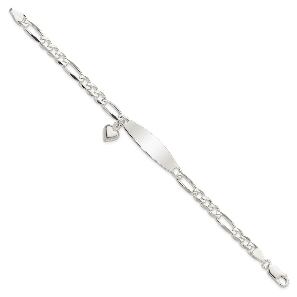 Sterling Silver Polished Figaro ID Heart Dangle Bracelet QID214-7.5