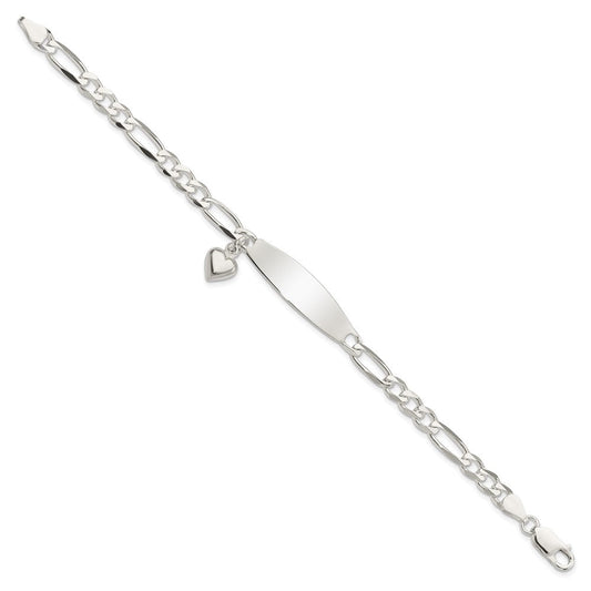 Sterling Silver Polished Figaro ID Heart Dangle Bracelet QID214-7.5
