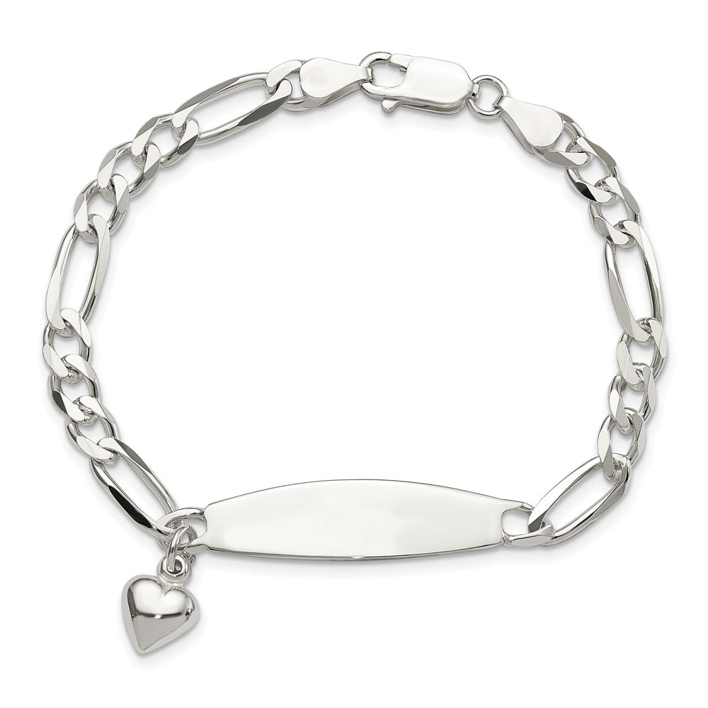 Sterling Silver Polished Figaro ID Heart Dangle 8.5in Bracelet QID214-7.5