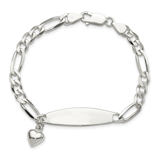 Sterling Silver Polished Figaro ID Heart Dangle 8.5in Bracelet QID214-7.5