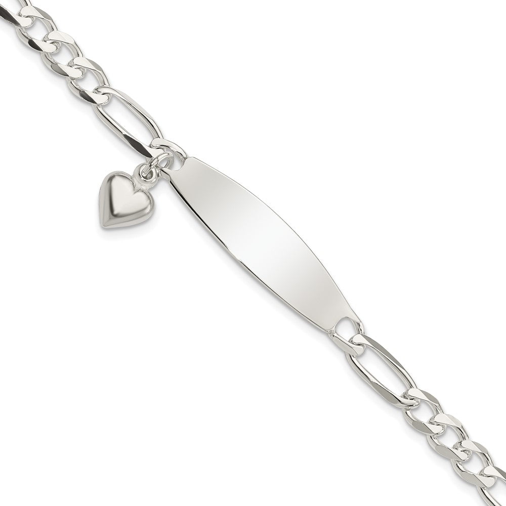 Sterling Silver Polished Figaro ID Heart Dangle 8.5in Bracelet QID214-7.5