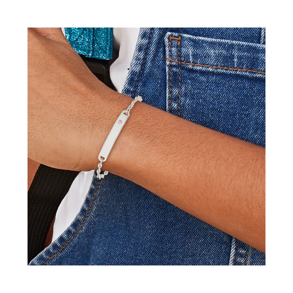 Sterling Silver Polished Childrens ID with Pink CZ Bracelet QID232-5.5