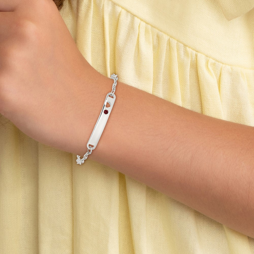 Sterling Silver Polished Childrens ID with Red CZ Heart Bracelet QID233-5.5