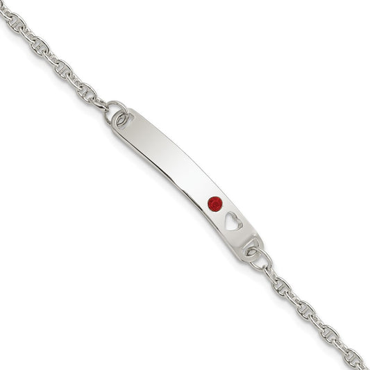 Sterling Silver Polished Childrens ID with Red CZ Heart Bracelet QID233-5.5