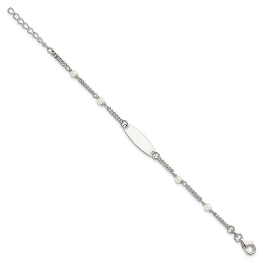 Sterling Silver Polished Curb Link and Acrylic Pearl 5 inch with 1 inch Extension Childrens ID Bracelet QID266-5