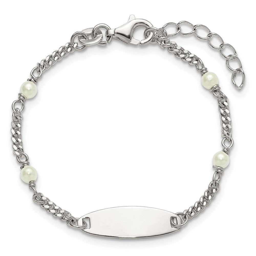 Sterling Silver Polished Curb Link and Acrylic Pearl 5 inch with 1 inch Extension Childrens ID Bracelet QID266-5