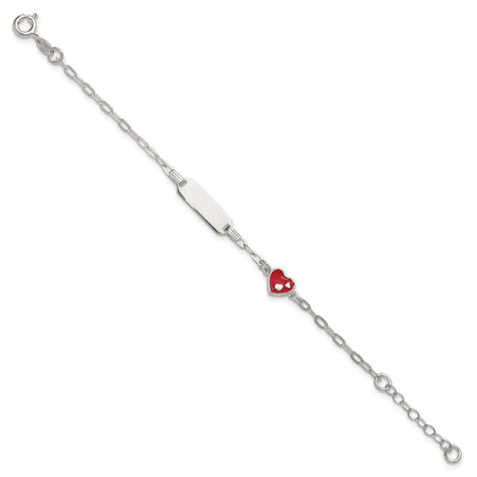 Sterling Silver Polished Red and White Enameled Heart 5 inch with 1 inch extension Childrens ID Bracelet QID268-5
